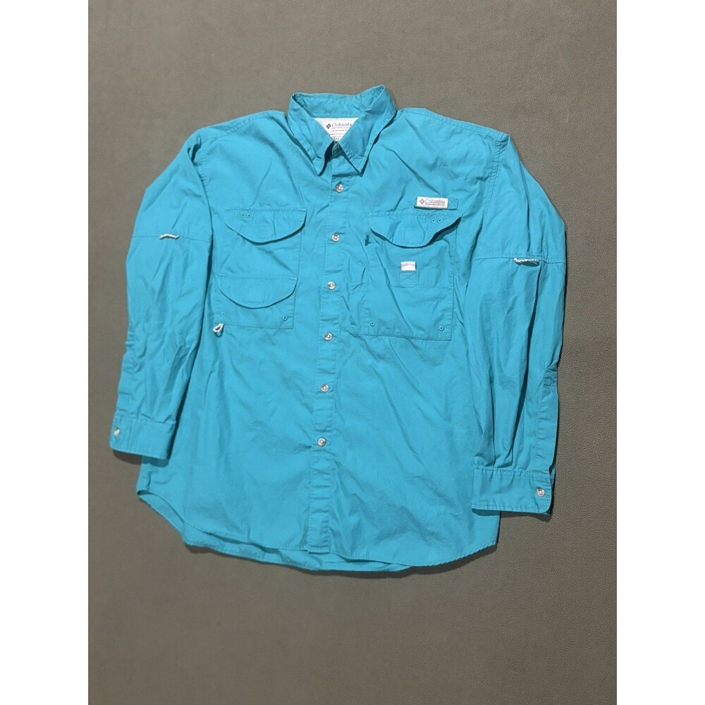 COLUMBIA PFG Vintage Large Teal Long Sleeve Fishing Mesh Shirt Vented UPF 50